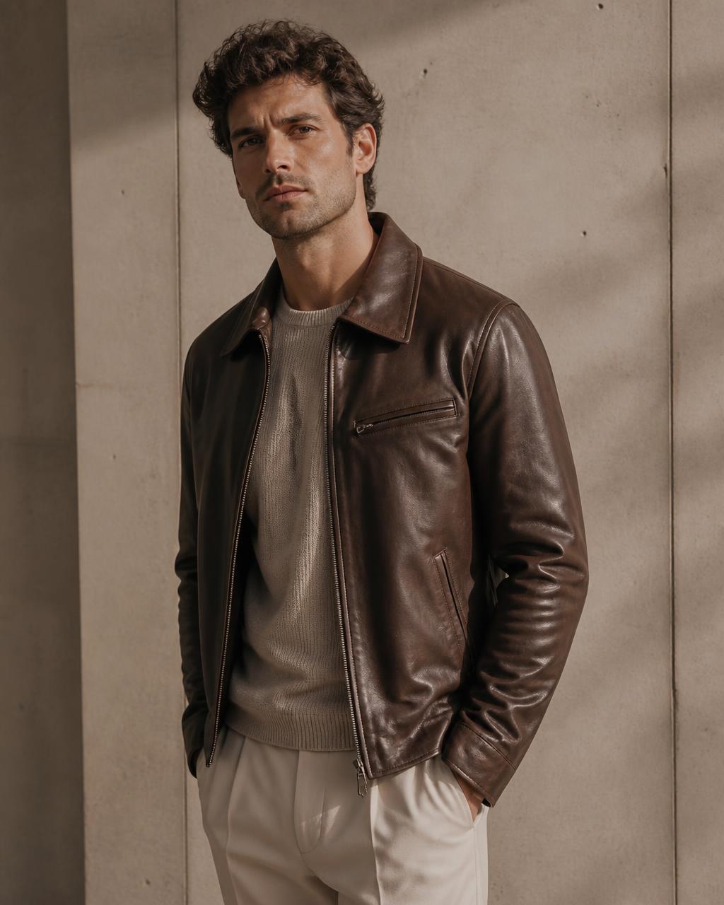 Man in a brown leather café racer jacket